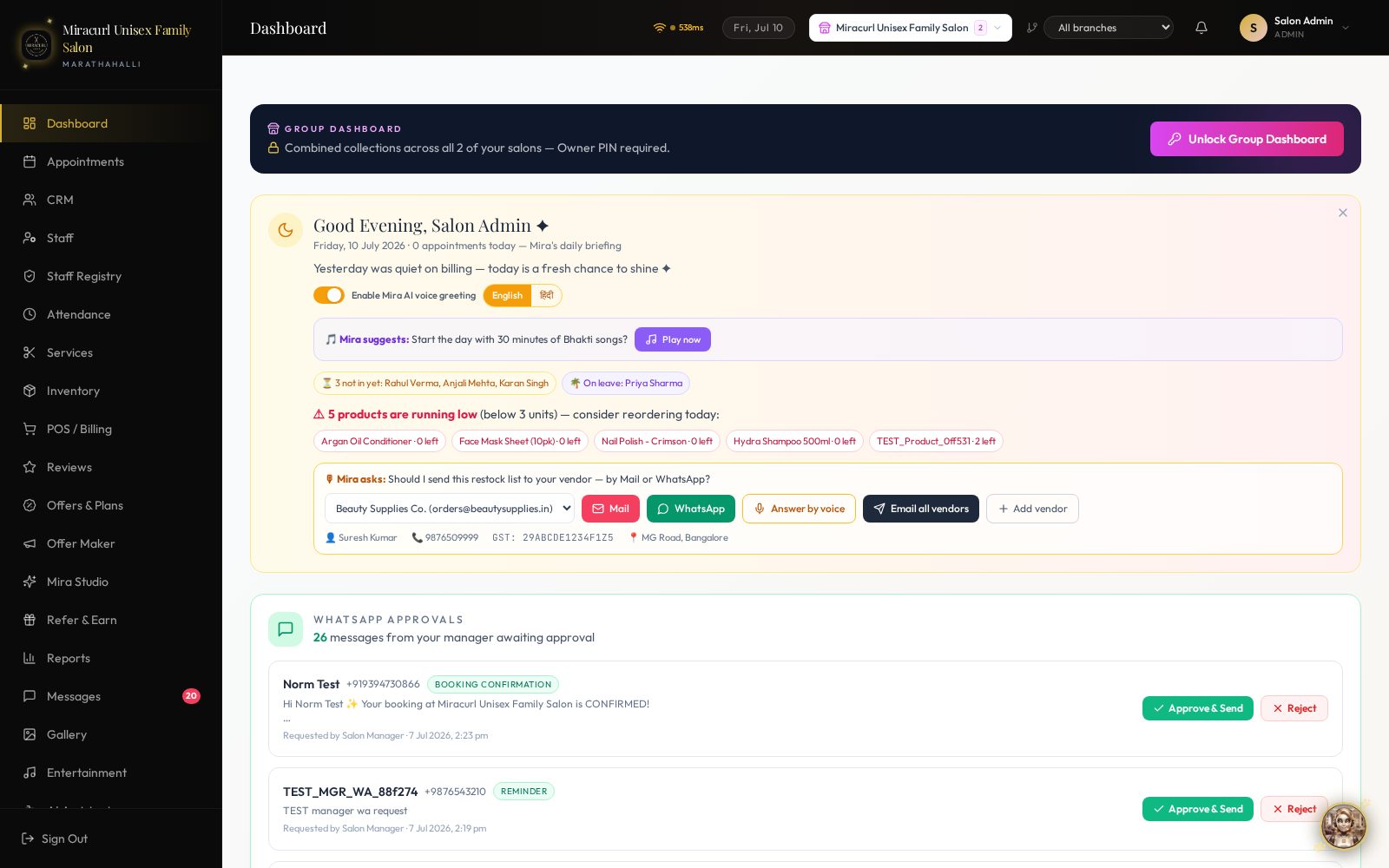 Owner dashboard — revenue, bookings & AI Brand Studio