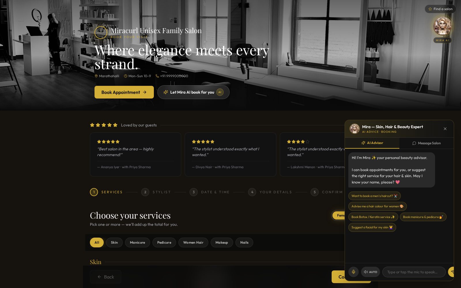 Your public booking page — Mira AI, gift cards & memberships