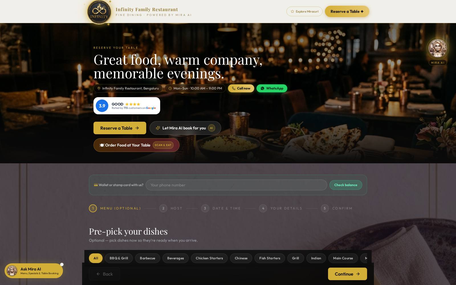 Online table reservations — party size, seating & dish pre-picks