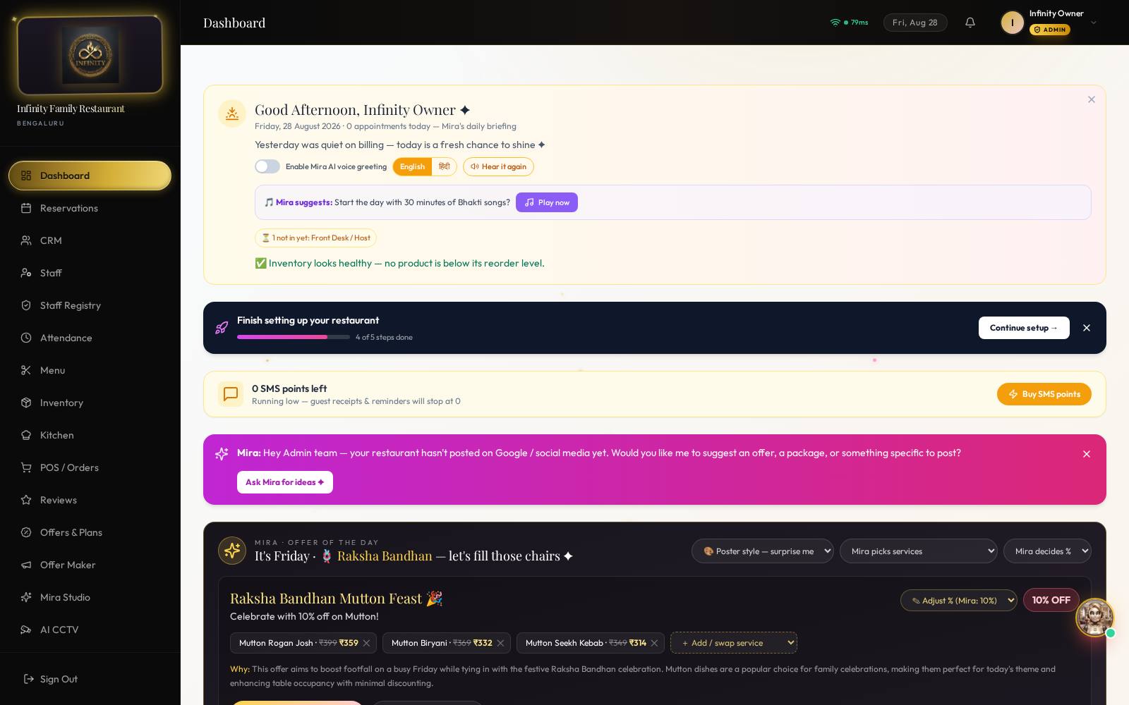 Owner dashboard — revenue, orders & Mira's briefing