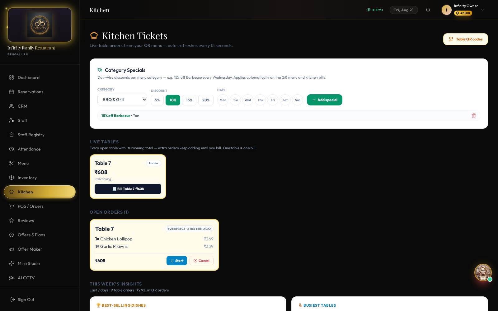 Live Kitchen — order tickets, live tables & waiter calls