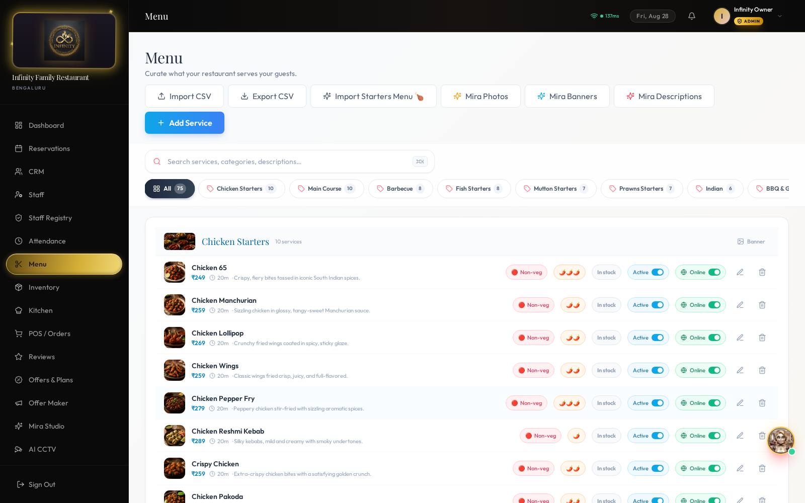 Menu manager — AI dish photos, veg/spice tags & sold-out control