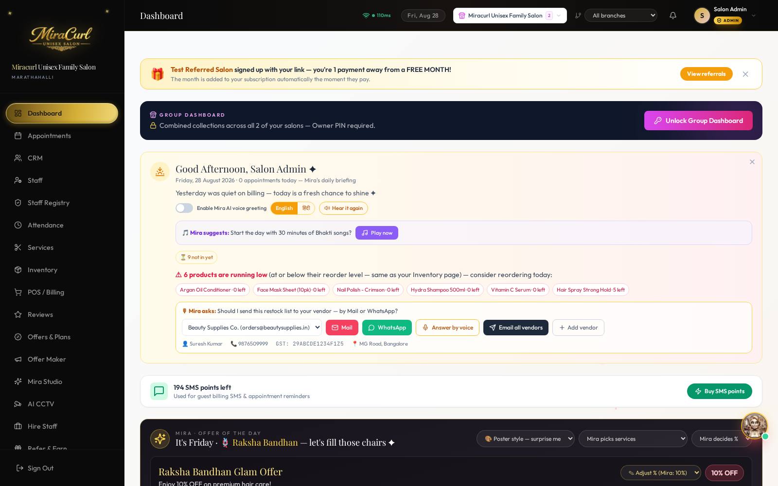 Owner dashboard — revenue, bookings & Mira's briefing